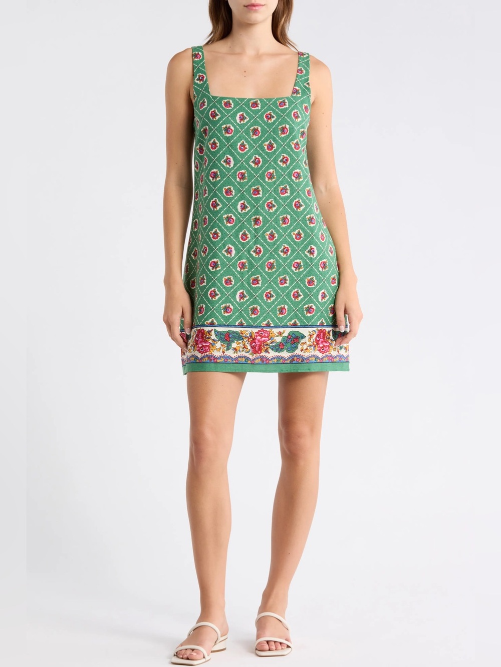 WAYF Floral Sleeveless Linen Mini Dress Green Size Large
